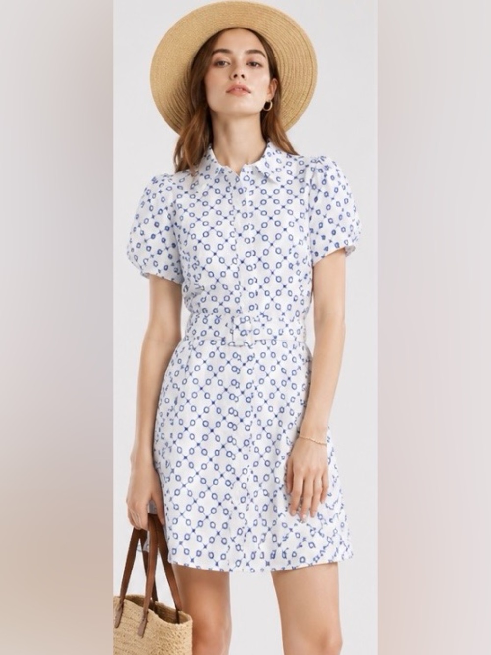 ALEXIS Dress Eyelet Lace Fit Flare Belt Shirt Collar Short Sleeve Blue White S